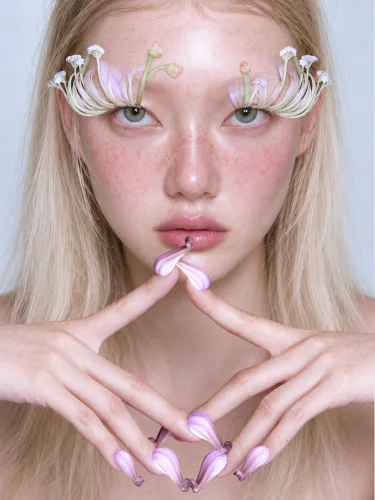 The model facing the camera, flower stems arched above both brows and Cobaea rings on the fingers meeting beneath her chin.