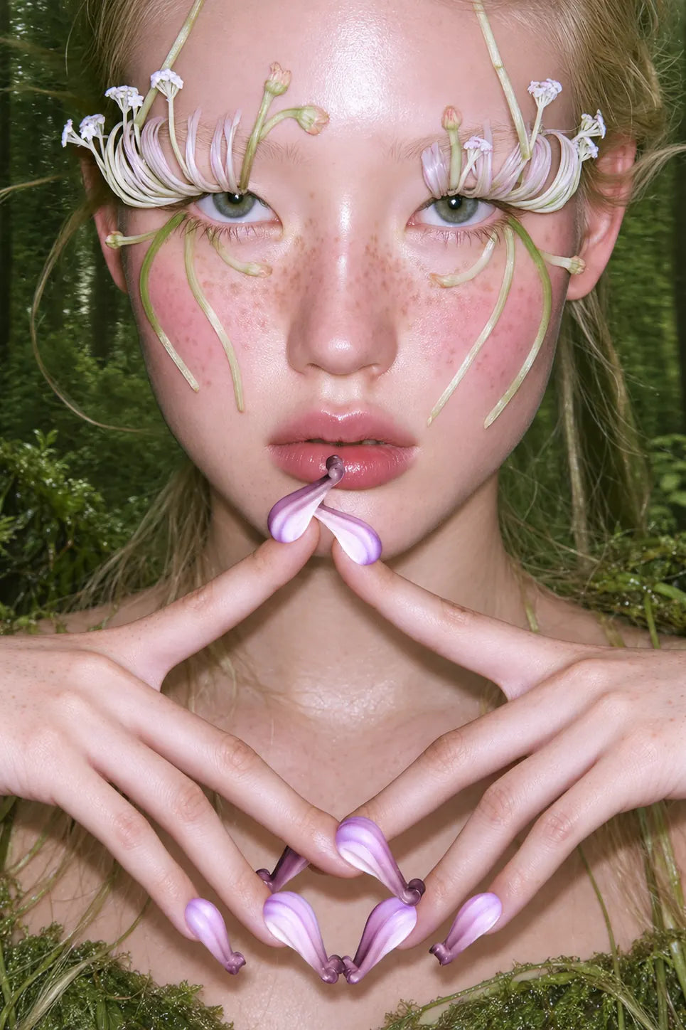 A model in a forest, petal lashes on her eyes and lilac Flower nails meeting at her lips.