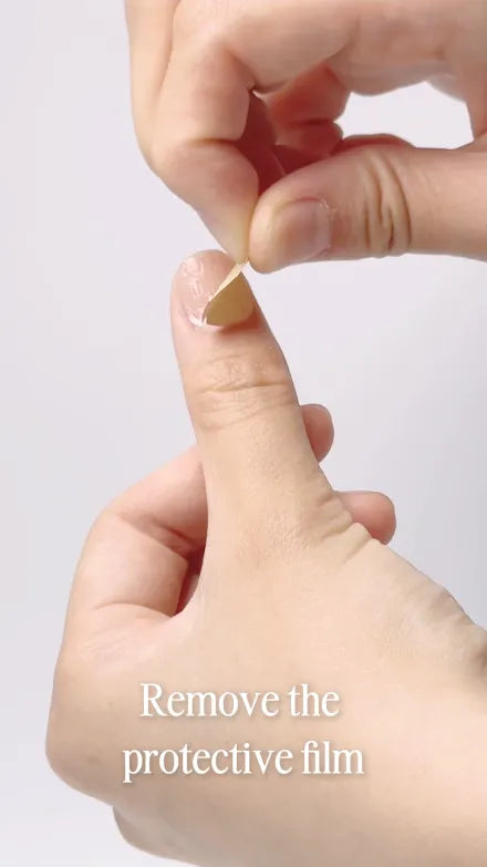 Step 6 of 10. Remove the protective film — the top film being peeled off the tab on the nail.